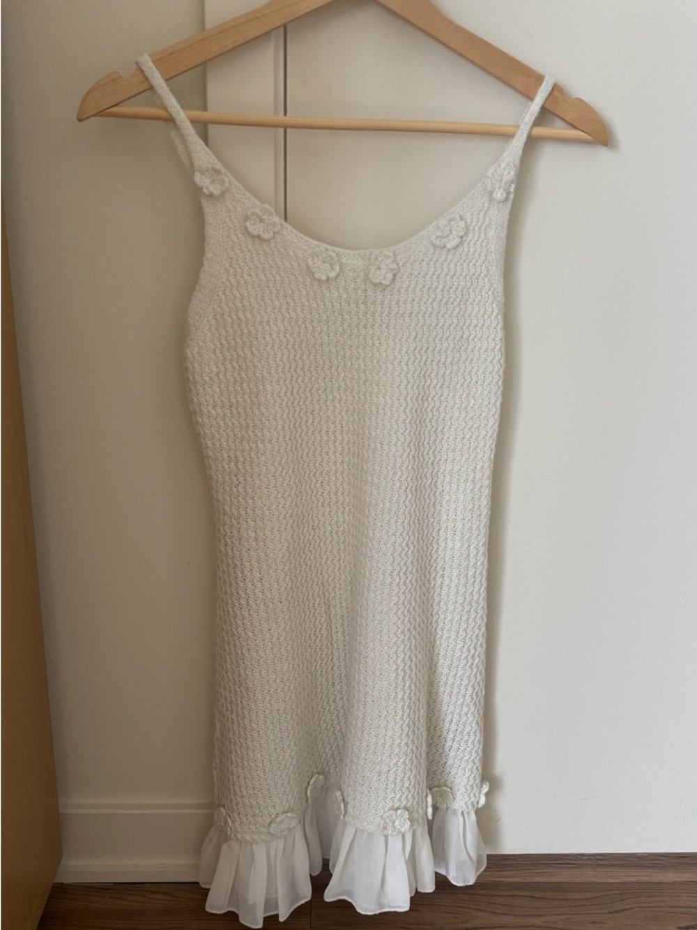 Cider Cream Knit Spaghetti-Strap Mini Dress with Ruffle Hem